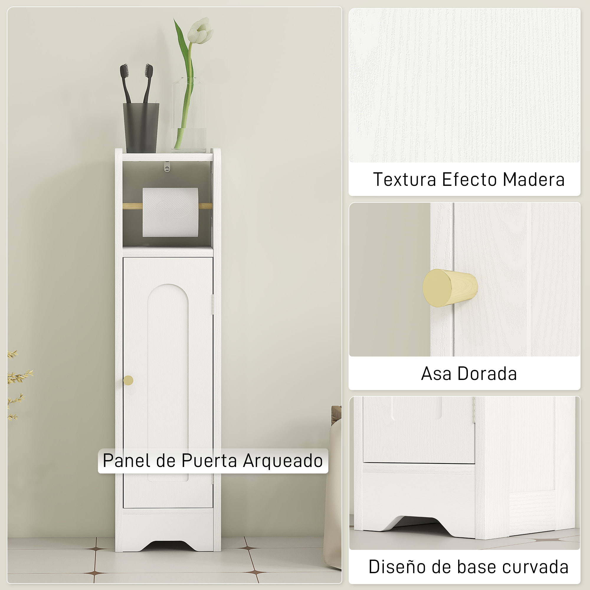 Armario de Baño Estrecho Mueble Auxiliar de Baño 21x20x79 cm con Estante Ajustable Portarrollos de Papel Extraíble y Puerta con Panel Arqueado para Espacios Pequeños Blanco