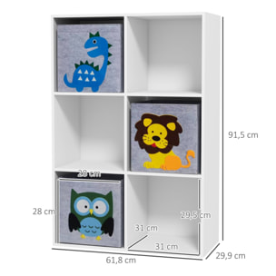 Estantería para Juguetes Infantil Librería para Niños de +3 Años con 6 Compartimientos de Almacenaje y 3 Cajones de Tela no Tejida con Imagen de Animales 61,8x29,9x91,5 cm Blanco y Gris