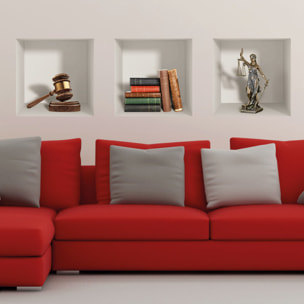 Stickers muraux 3D | Sticker Mural Autocollant effet 3D statuette marteau et livres de la justice - Stickers adhésifs 3D Chambre Salon Trompe l'oeil
