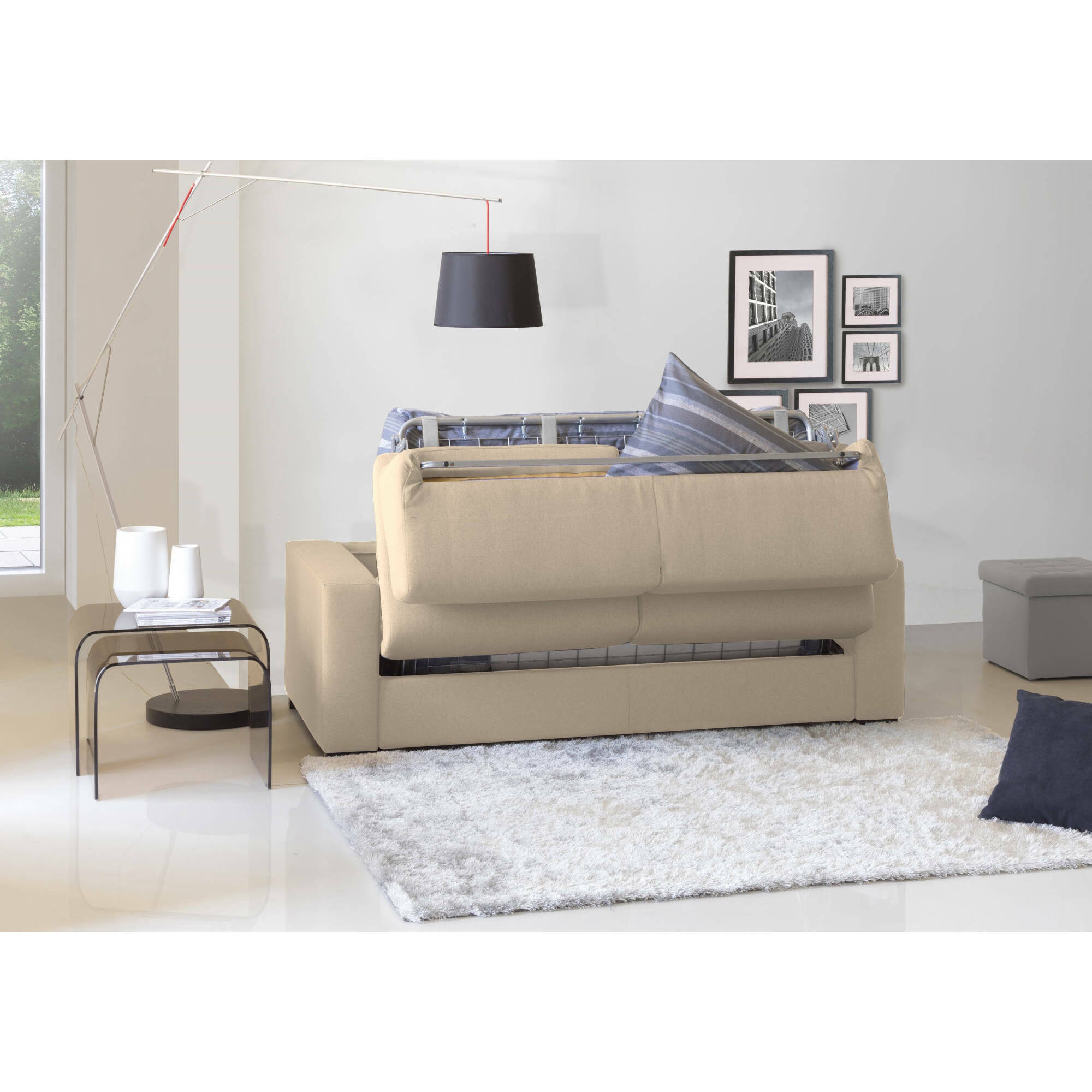 Divano Letto Alexis, Divano a 2 posti Large, 100% Made in Italy, Sofà Soggiorno con apertura girevole, in tessuto imbottito, con Braccioli standard, Cm 200x95h90, Beige