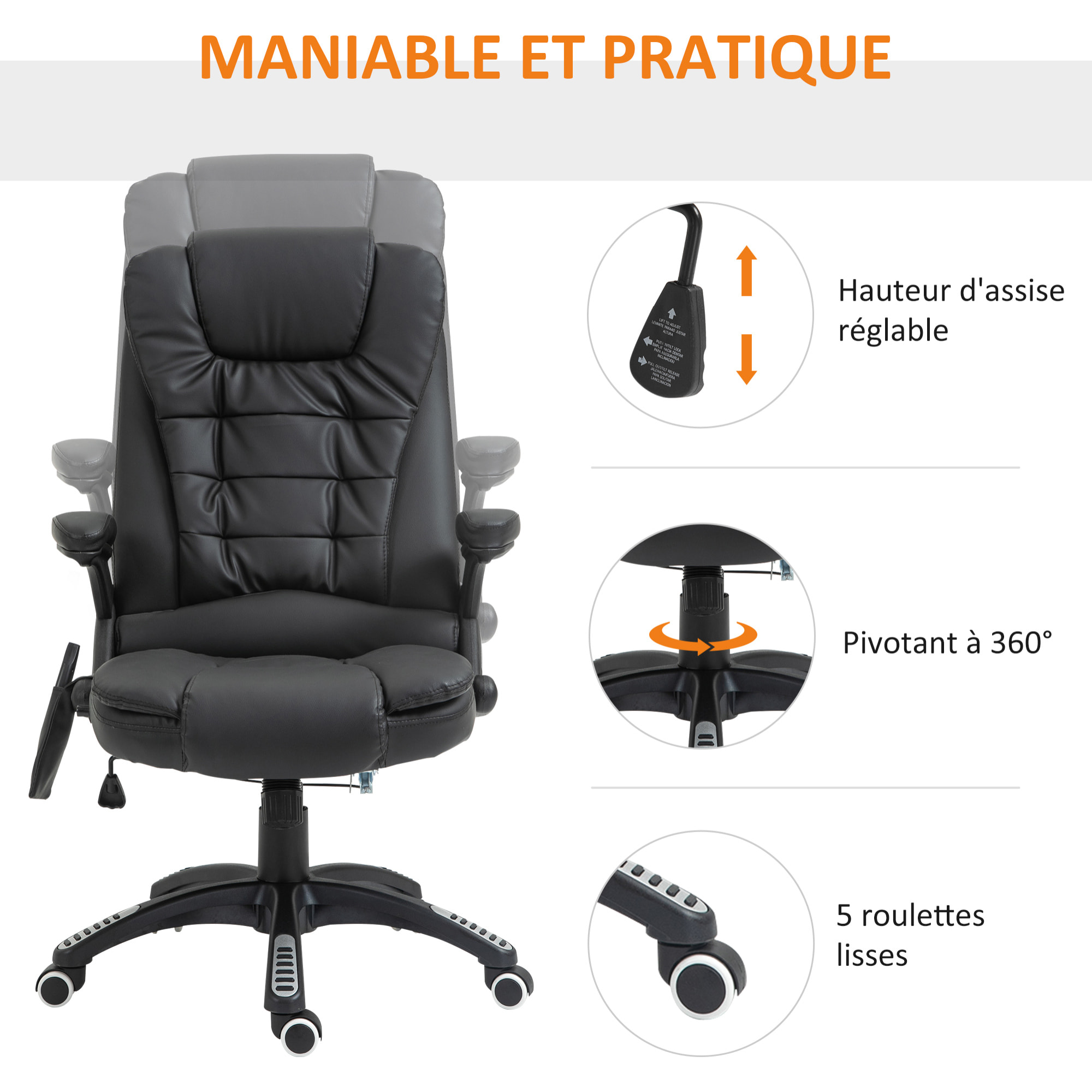 Fauteuil de bureau direction pivotant massant chauffant électrique revêtement synthétique noir