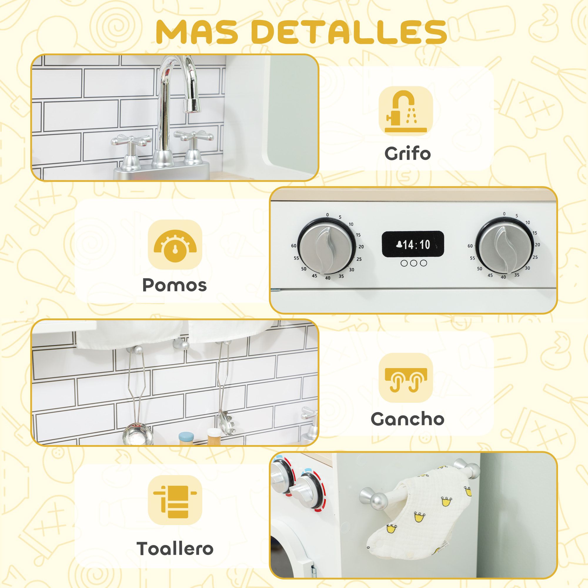 Cocina de Juguete de Madera con Sonido y Cortinas, Cocinita Infantil con Accesorios de Acero Inoxidable, Lavadora, Microondas, Fregadero, Juguetes para Niños a Partir de 3 Años, Blanco
