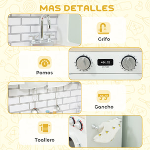 Cocina de Juguete de Madera con Sonido y Cortinas, Cocinita Infantil con Accesorios de Acero Inoxidable, Lavadora, Microondas, Fregadero, Juguetes para Niños a Partir de 3 Años, Blanco