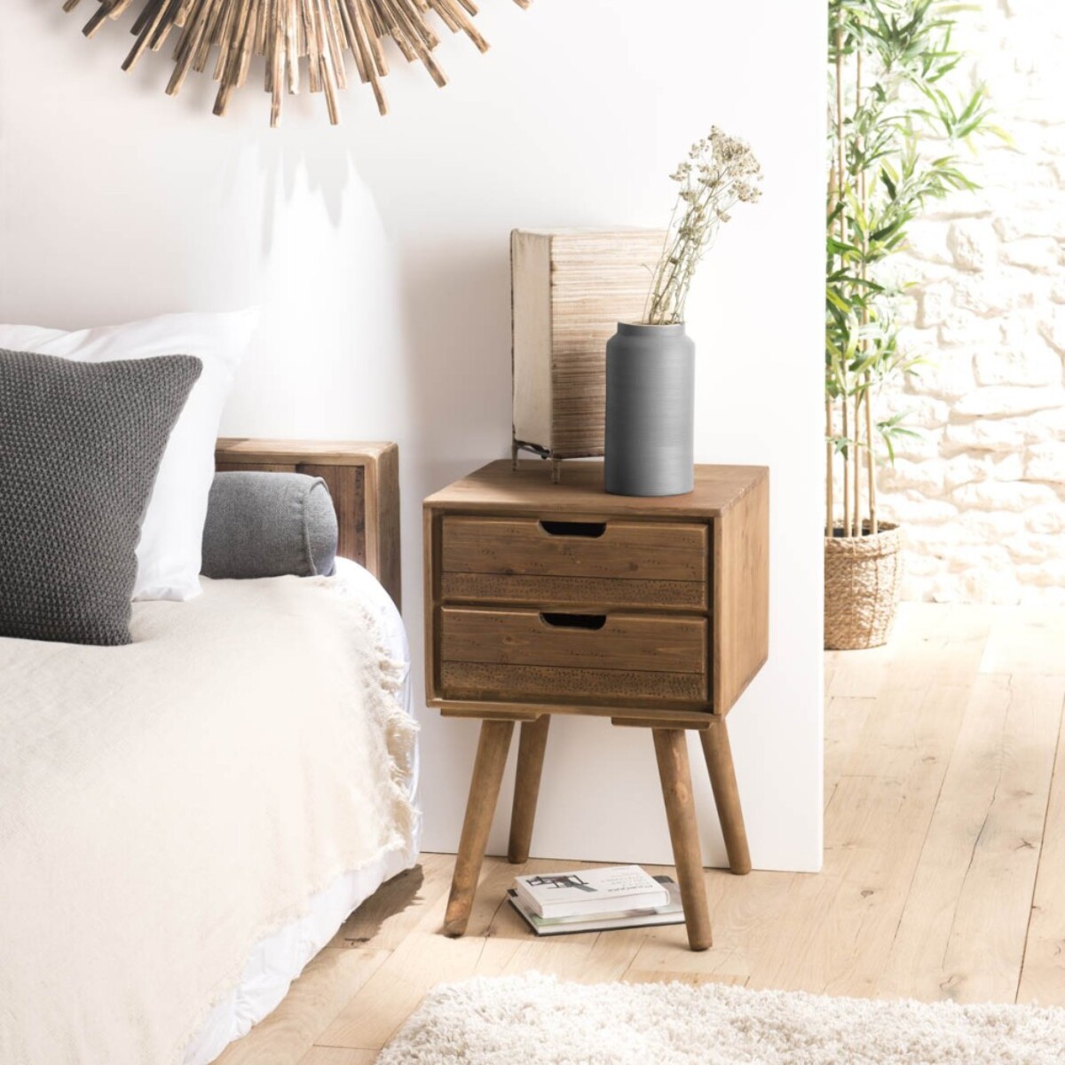 ANDY - Chevet scandi bois marron 2 tiroirs Sapin