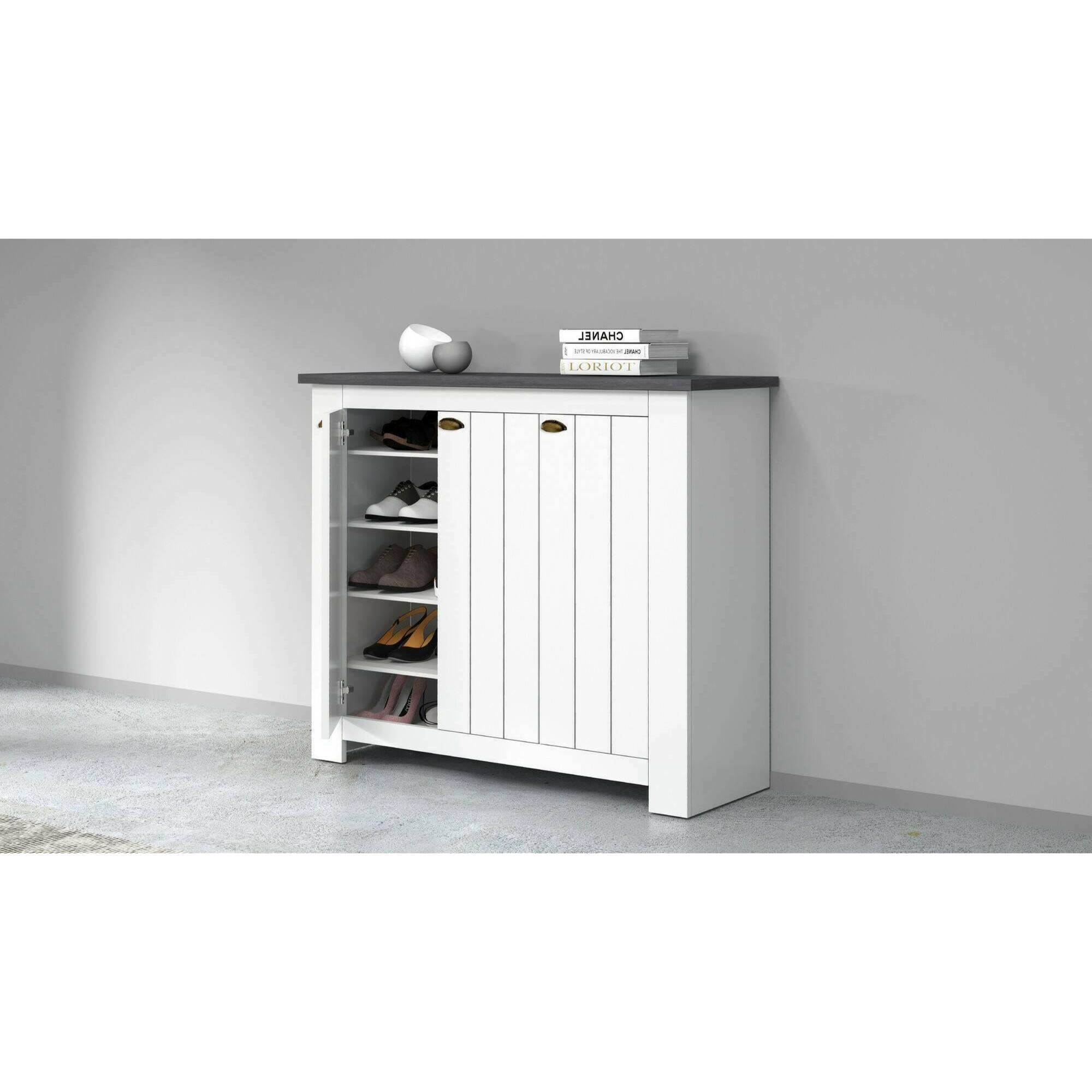 Scarpiera Dcigarin, Porta scarpe salvaspazio a 3 ante, Armadio multifunzione da ingresso, 114x42h100 cm, Bianco e Ardesia