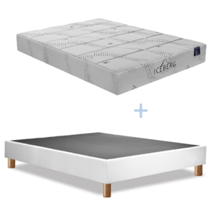 Ensemble Matelas Iceberg & sommier déco | 25 cm | Mémoire de forme et gel rafraîchissant | Cadre à lattes | Simili cuir | Blanc