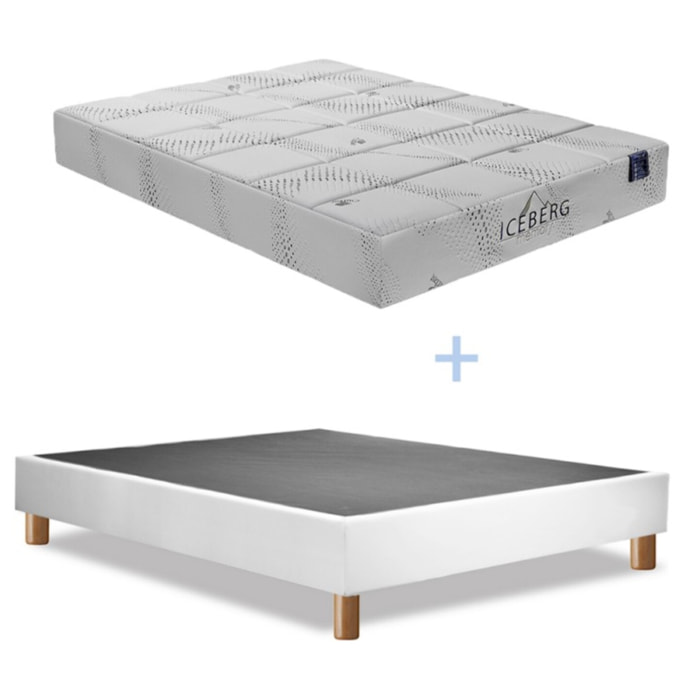 Ensemble Matelas Iceberg & sommier déco | 25 cm | Mémoire de forme et gel rafraîchissant | Cadre à lattes | Simili cuir | Blanc