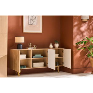 Buffet design gravé finition bois clair chêne et métal doré 3 portes L160 cm OZEN
