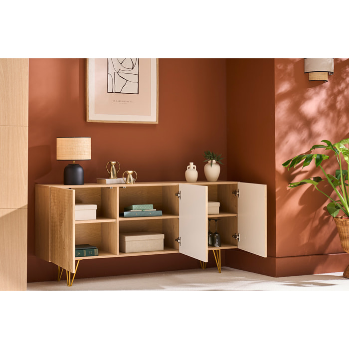 Buffet design gravé finition bois clair chêne et métal doré 3 portes L160 cm OZEN