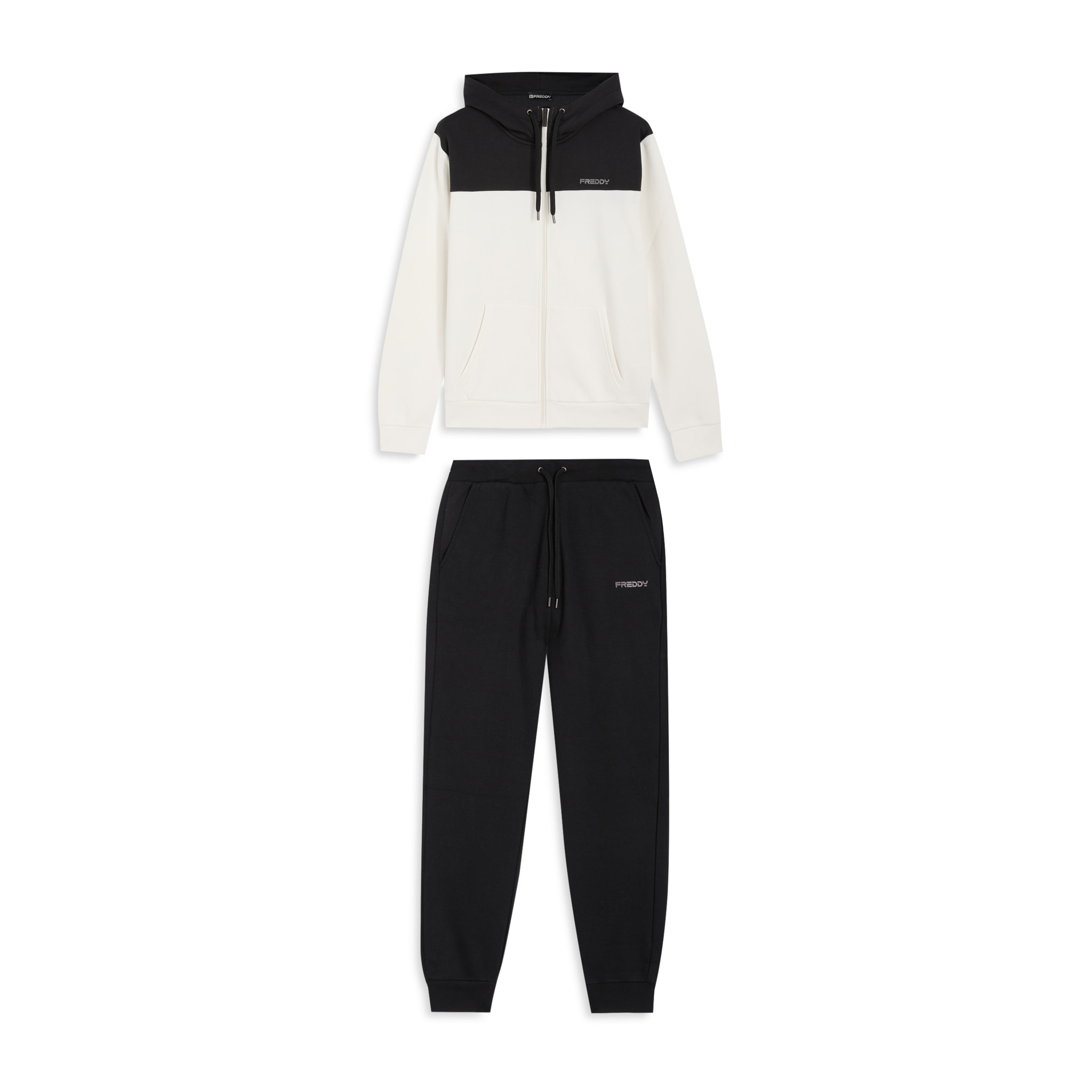 Tuta con cappuccio colour block e fondo a costine