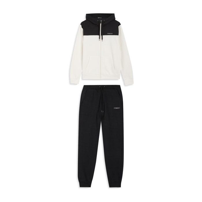 Tuta con cappuccio colour block e fondo a costine