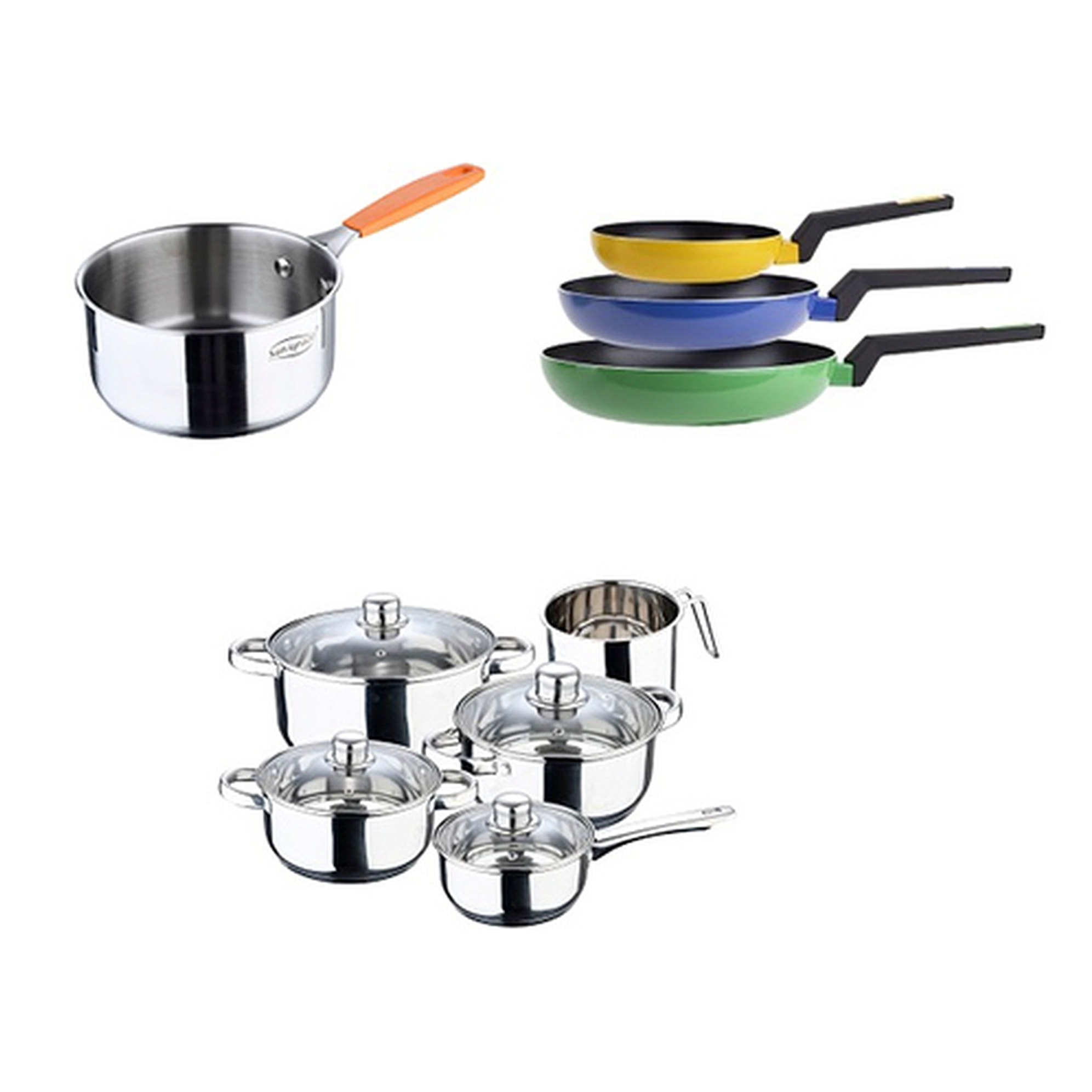 Set 13 pcs compuesto por batería de cocina acero inoxidable + set de 3 sartenes de alumnnio prensado  + cazo 16cm acero inoxidable