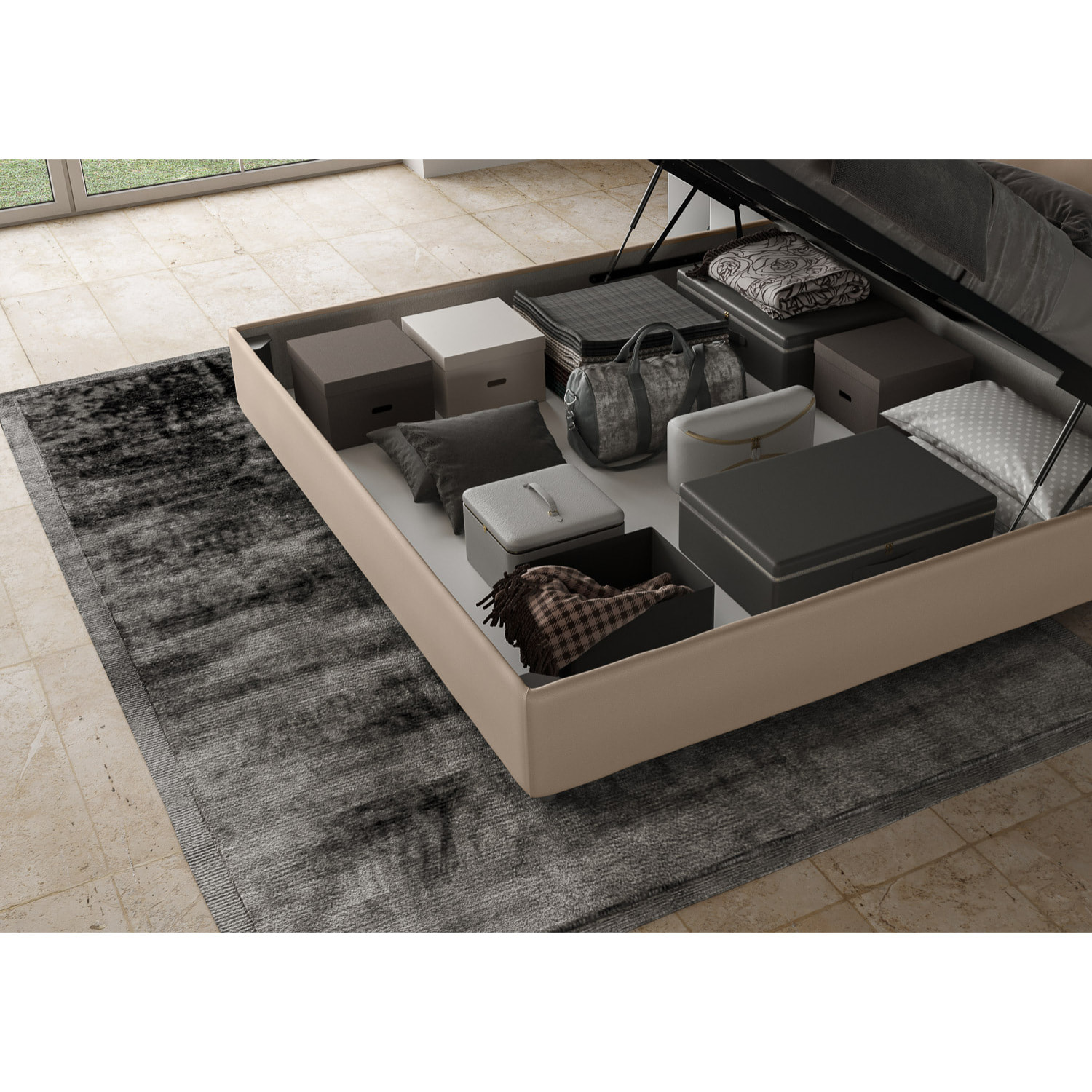 Lit king size coffre rembourré 180x190 similicuir taupe Antea