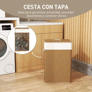 Cesto de Ropa Sucia con Tapa 72L Cesta Colada de Bambú con Bolsa Interior Extraíble y Asas para Lavandería Dormitorio 40x30x60 cm Marrón