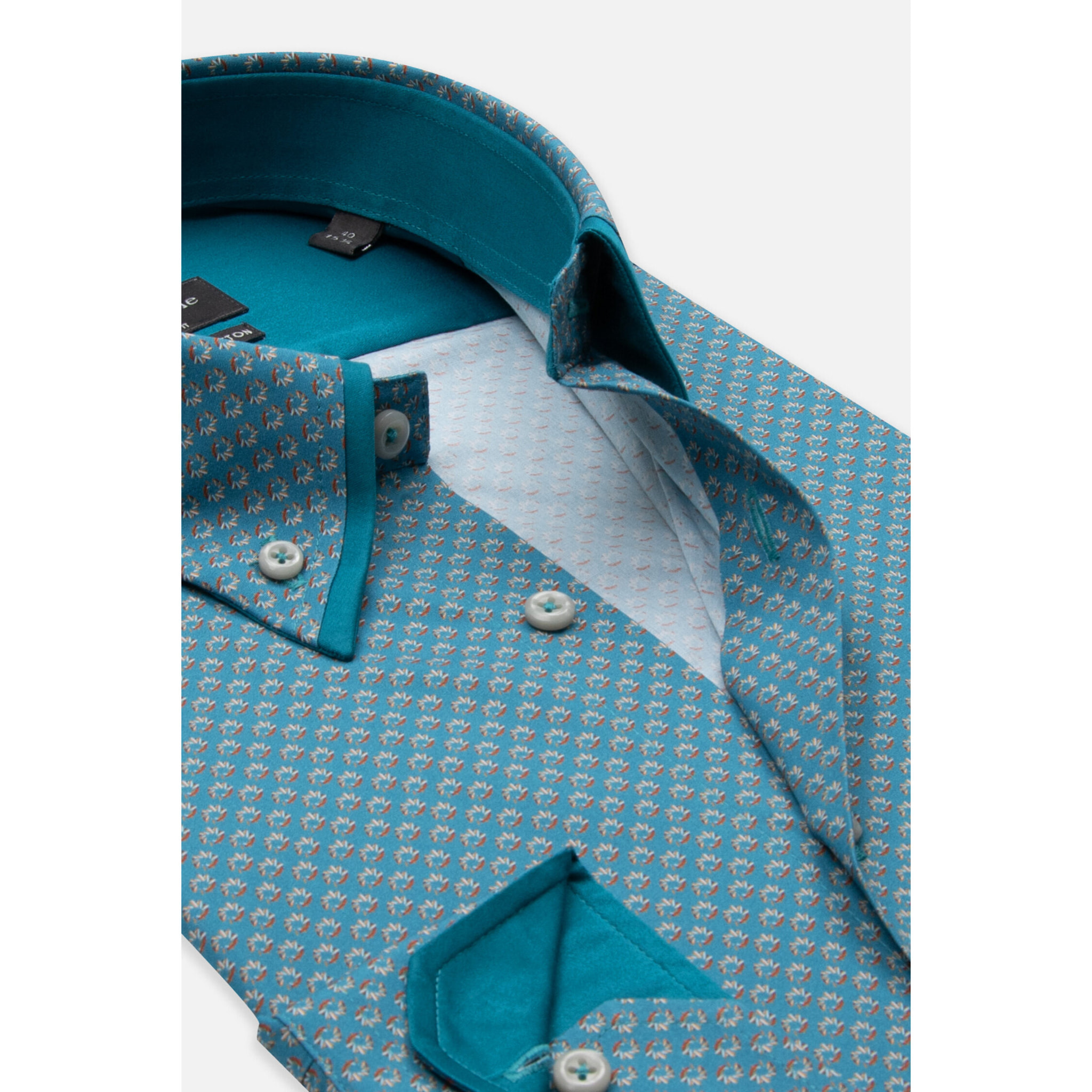 Camicia Uomo 2 Bottoni Button Down Doppio Coll Popeline Stretch Stampato Verede Ottanio/Arancio