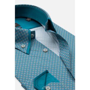 Camicia Uomo 2 Bottoni Button Down Doppio Coll Popeline Stretch Stampato Verede Ottanio/Arancio