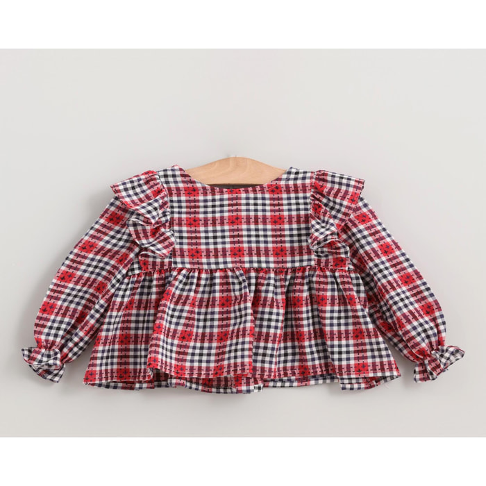 Blusa volantes costados cuadros azul y rojo