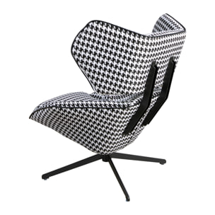 Sillón Angel Cerdá giratorio con reposabrazos con asiento y respaldo tapizados en tela blanca y negra patas de acero inoxidable en epoxi negro 85x95x98cm