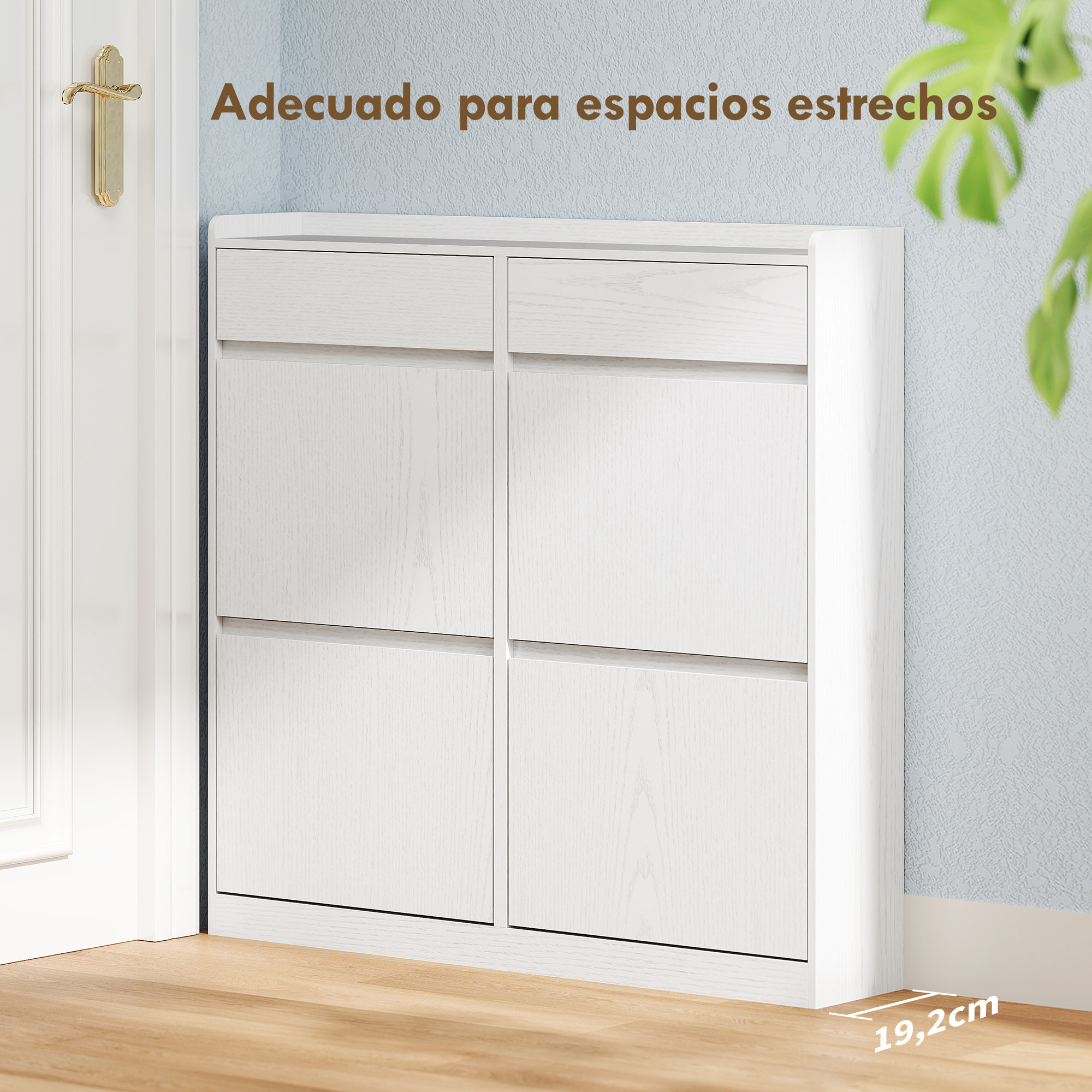 Zapatero Estrecho con 4 Puertas Abatibles Zapatero Entrada Recibidor con 2 Cajones para 8 Pares de Zapatos para Pasillo Espacios Reducidos 98x19,2x95,3 cm Blanco