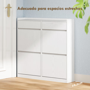 Zapatero Estrecho con 4 Puertas Abatibles Zapatero Entrada Recibidor con 2 Cajones para 8 Pares de Zapatos para Pasillo Espacios Reducidos 98x19,2x95,3 cm Blanco