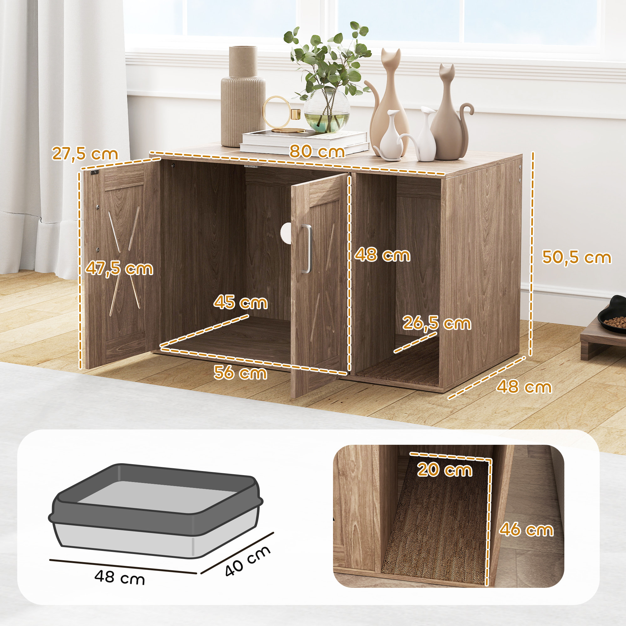Mueble Arenero para Gatos 3 en 1 Nido Mesa Auxiliar Caja de Arena para Gatos con Puertas Estera para Rascar y Compartimento para Salón Dormitorio 80x48x50,5 cm Marrón