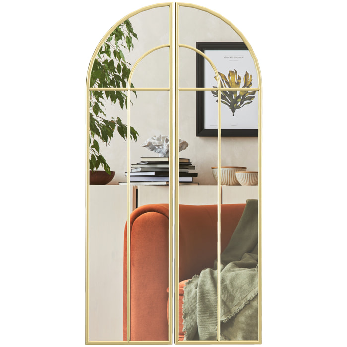 Espejo Decorativo de Pared de 2 Piezas 30x120 cm Espejo de Ventana con Diseño en Arco y Marco de Metal Espejo para Salón Dormitorio Entrada Dorado