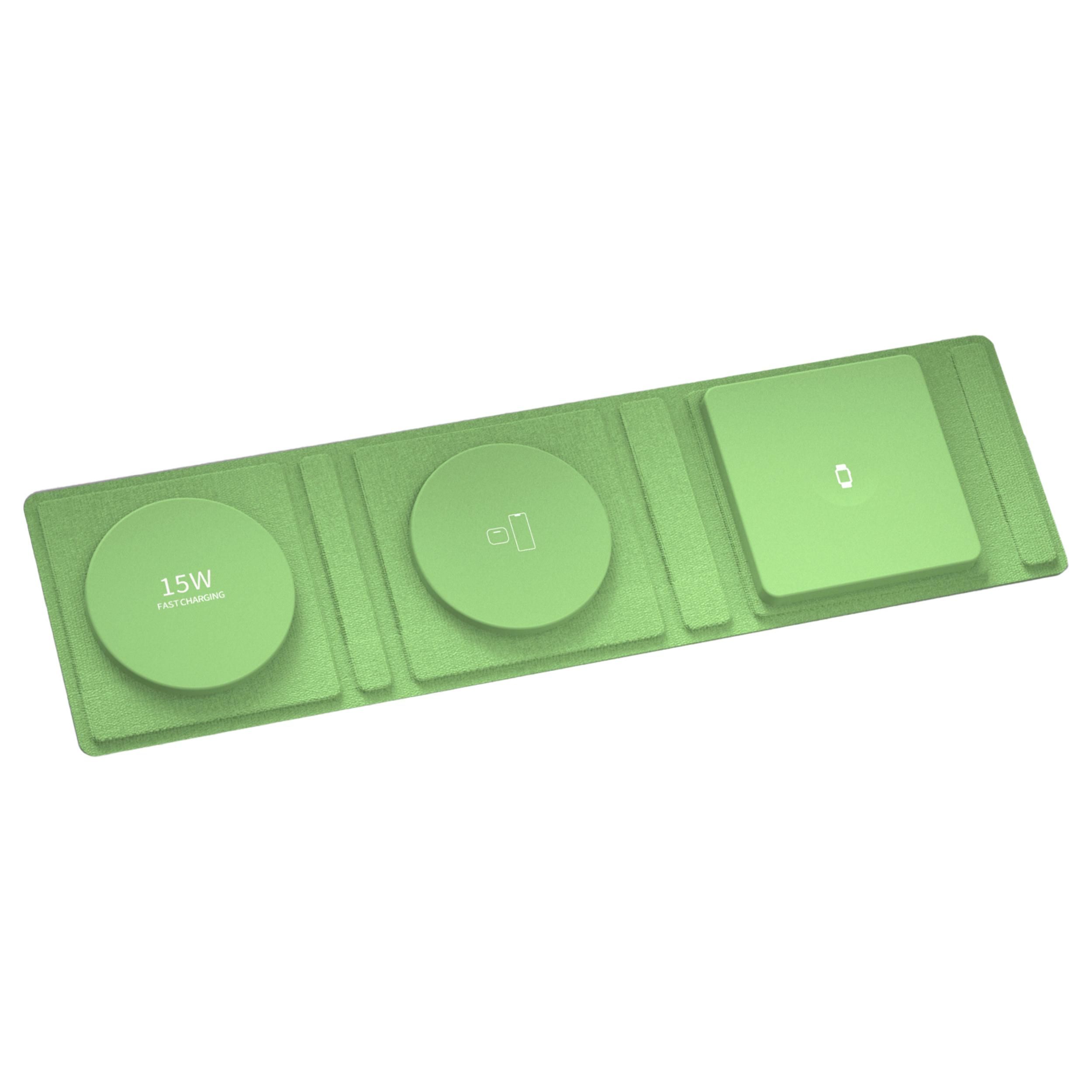 DAM Base de carga plegable portátil, de cuero. Magsafe 15W + Qi 5W + SmartWatch 3W. 31,8x8,3x0,9 Cm. Color: Verde