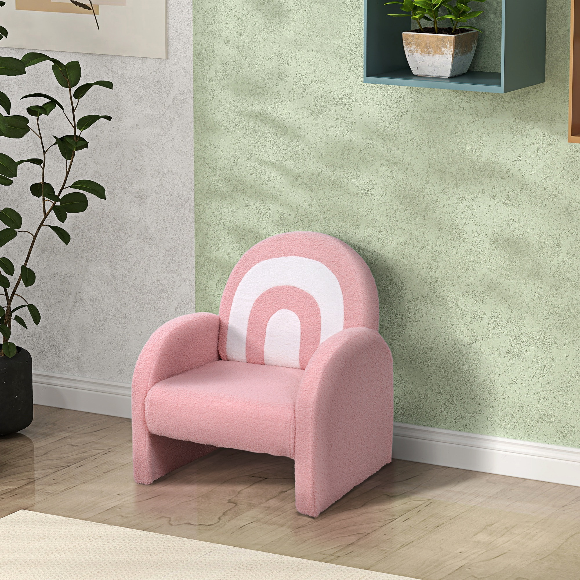 Fauteuil enfant design motif arc en ciel effet laine bouclé grand confort blanc rose