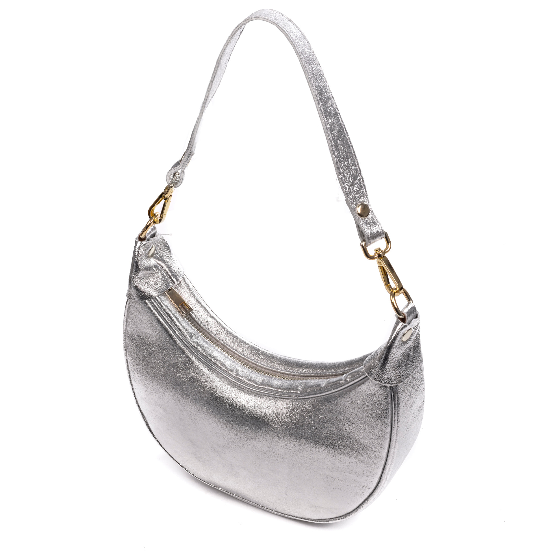 Asís bolso bandolera y mano, de piel auténtica acabado gamuza laminada, con diseño en media luna.