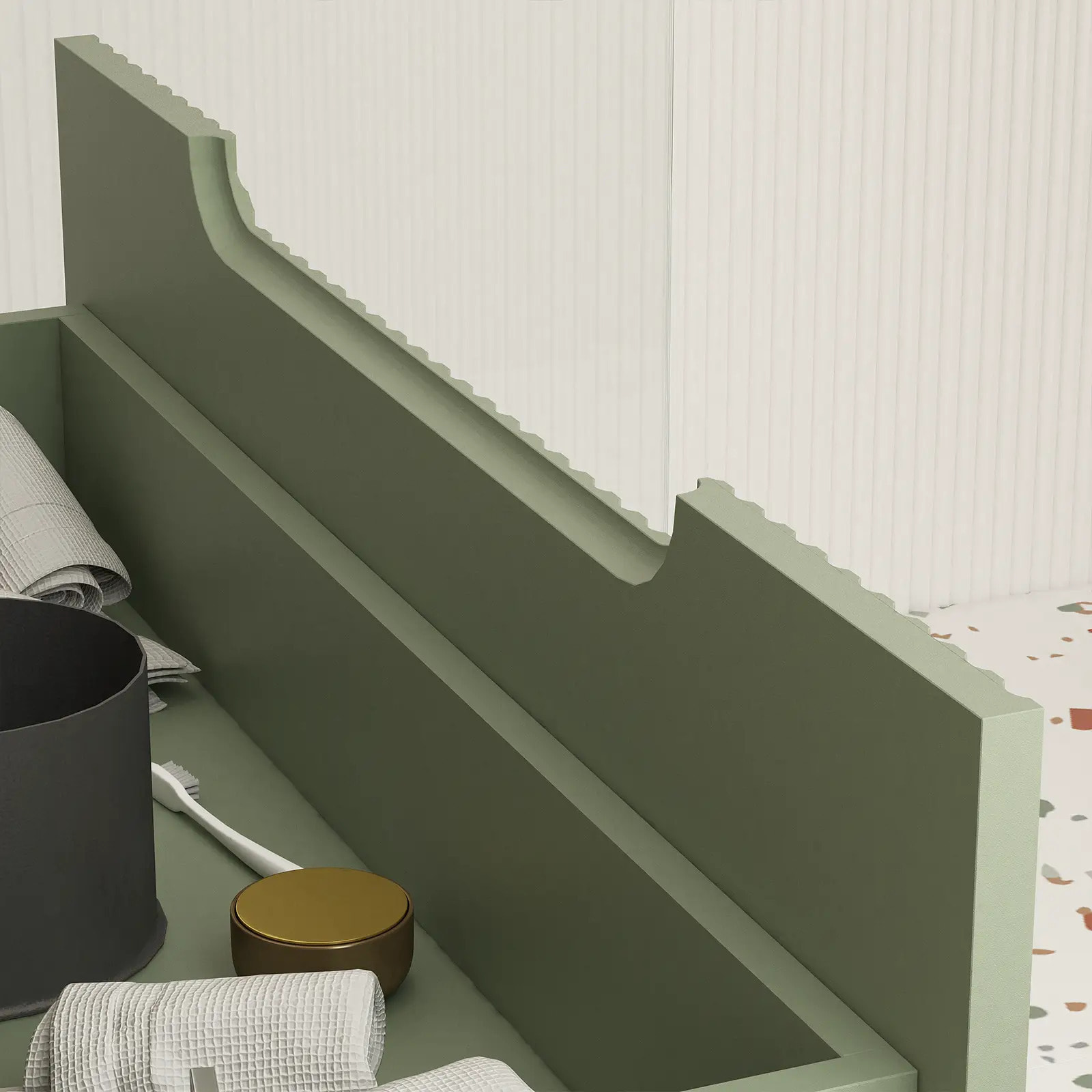 Meuble de Salle de Bains LEON 80cm Vert Olive - 2 Tiroirs en MDF Ondules - Vasque Ronde 36cm