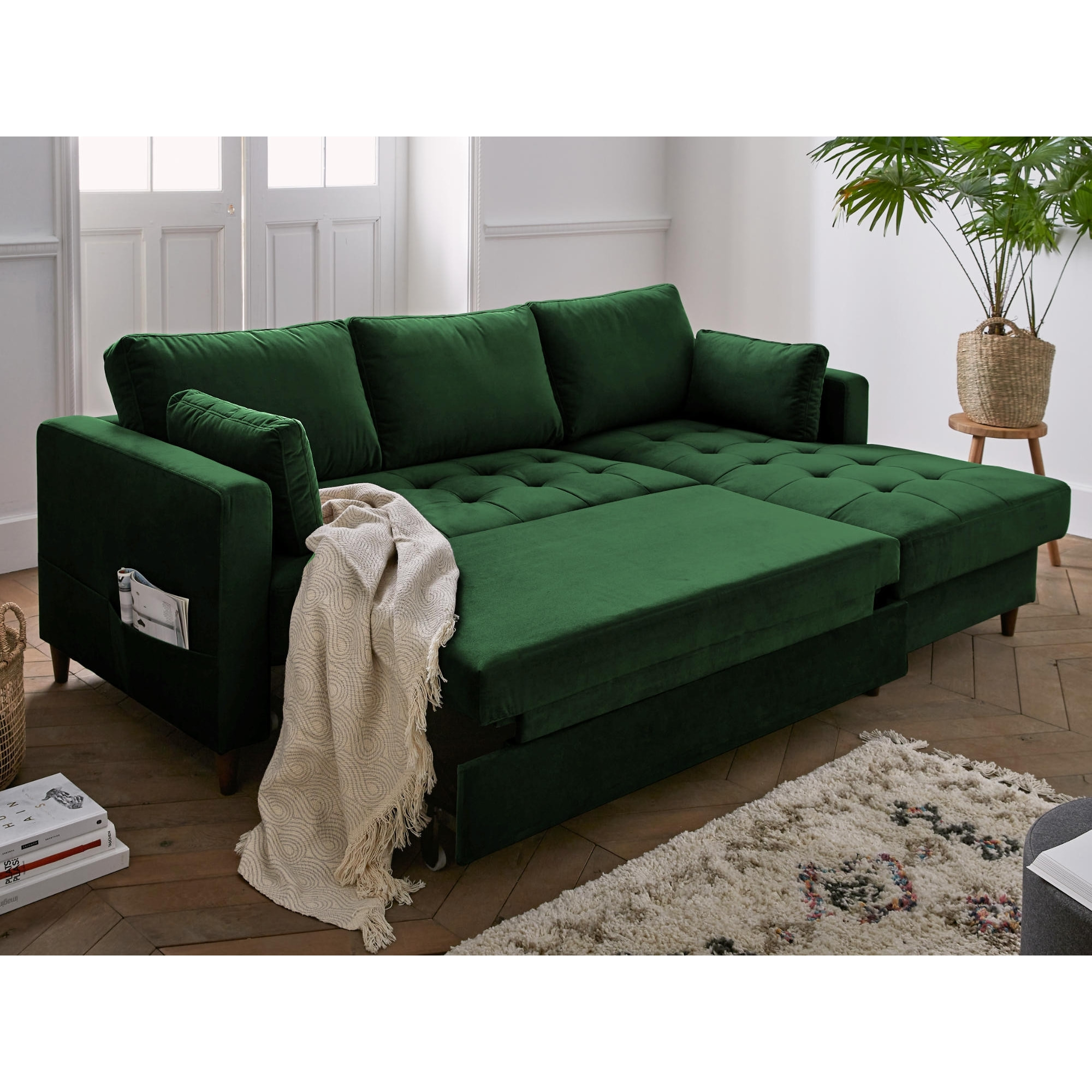 Anna - canapé d'angle droit - 4 places - convertible avec coffre - en velours - Vert