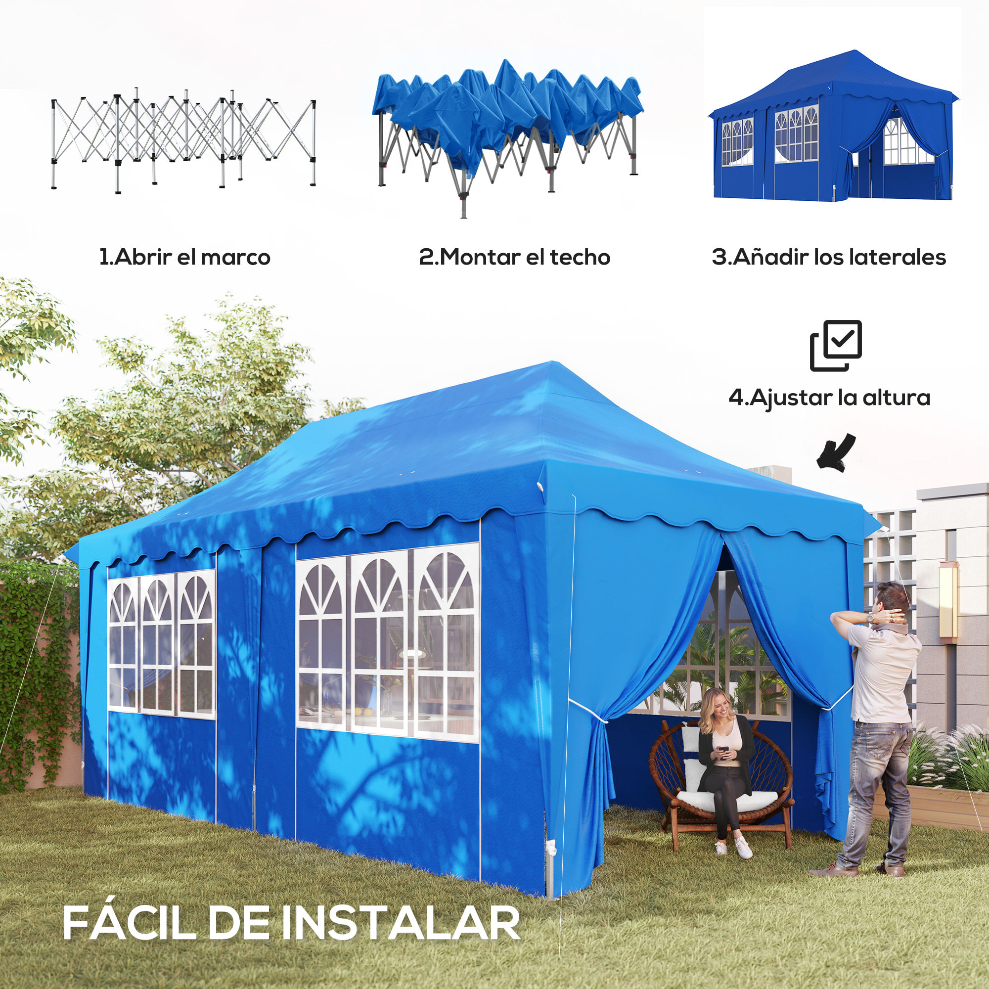 Carpa Plegable Pop-up Gazebo 6x3 m Cenador Plegable con 6 Paredes Laterales Anti-UV Altura Ajustable Bolsa de Arena y Bolsa de Transporte para Camping Fiestas