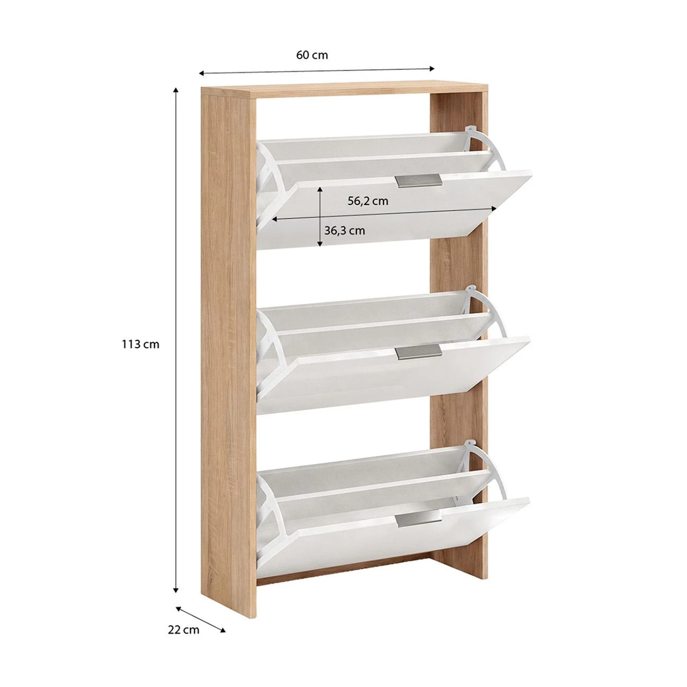 Zapatero de 3 puertas abatibles en roble canadian y blanco artik 60x113 cm Remi Roble Canadian - Blanco Artik (Blanco Mate)