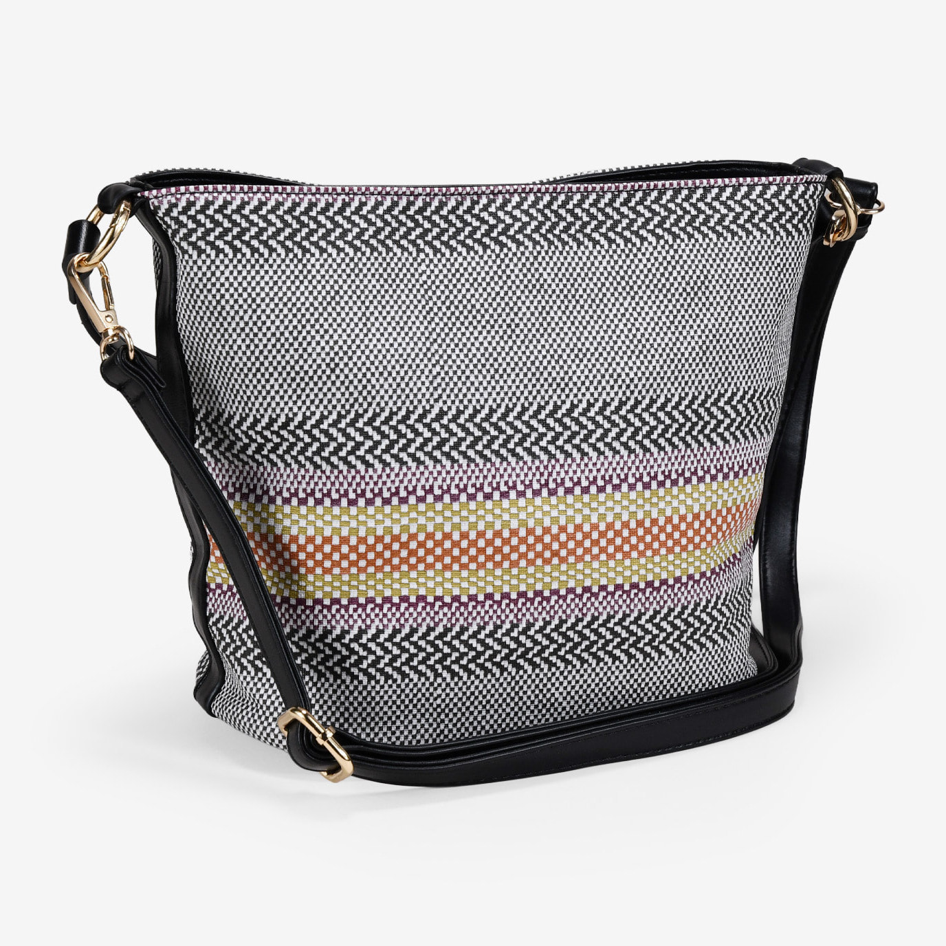 Bolso de hombro negro y gris con rayas