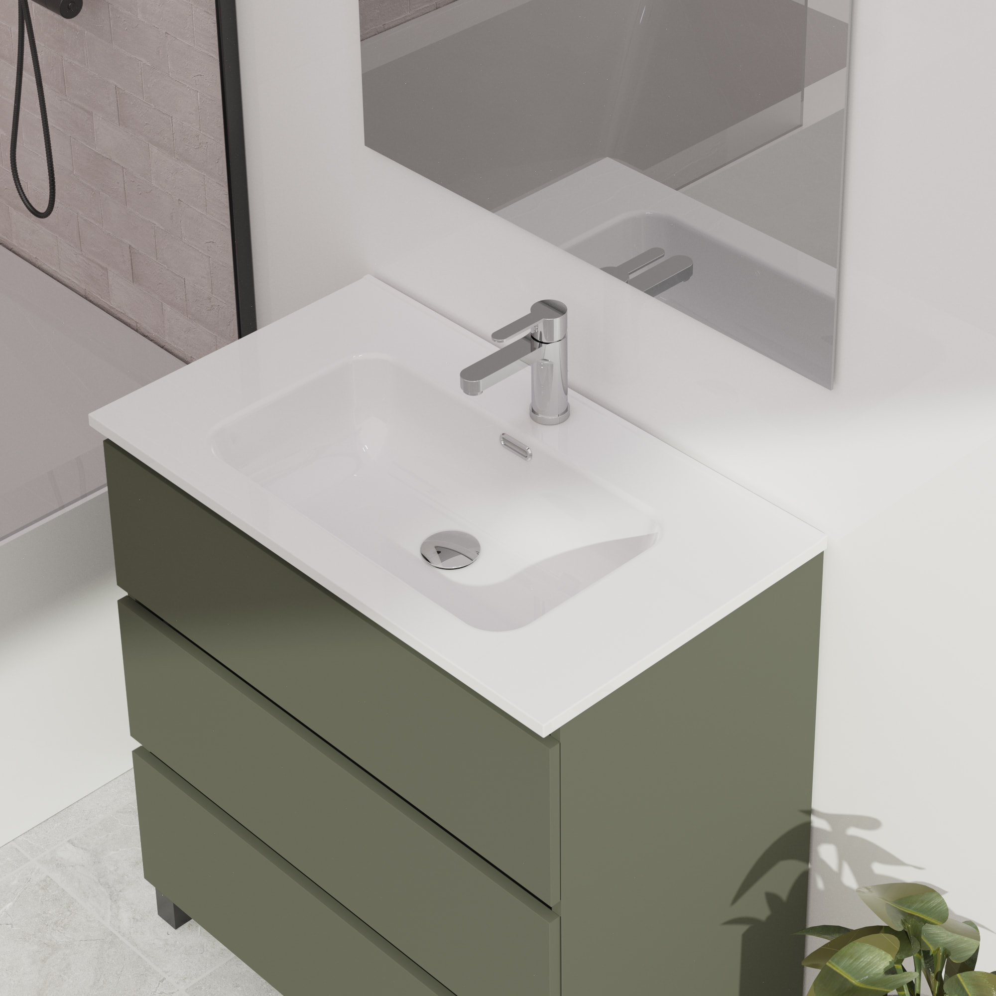 Conjunto de baño Wink | 80 cm Verde Musgo | Tres cajones | Lavabo encastrado | No incluye espejo | Mueble montado | Alday