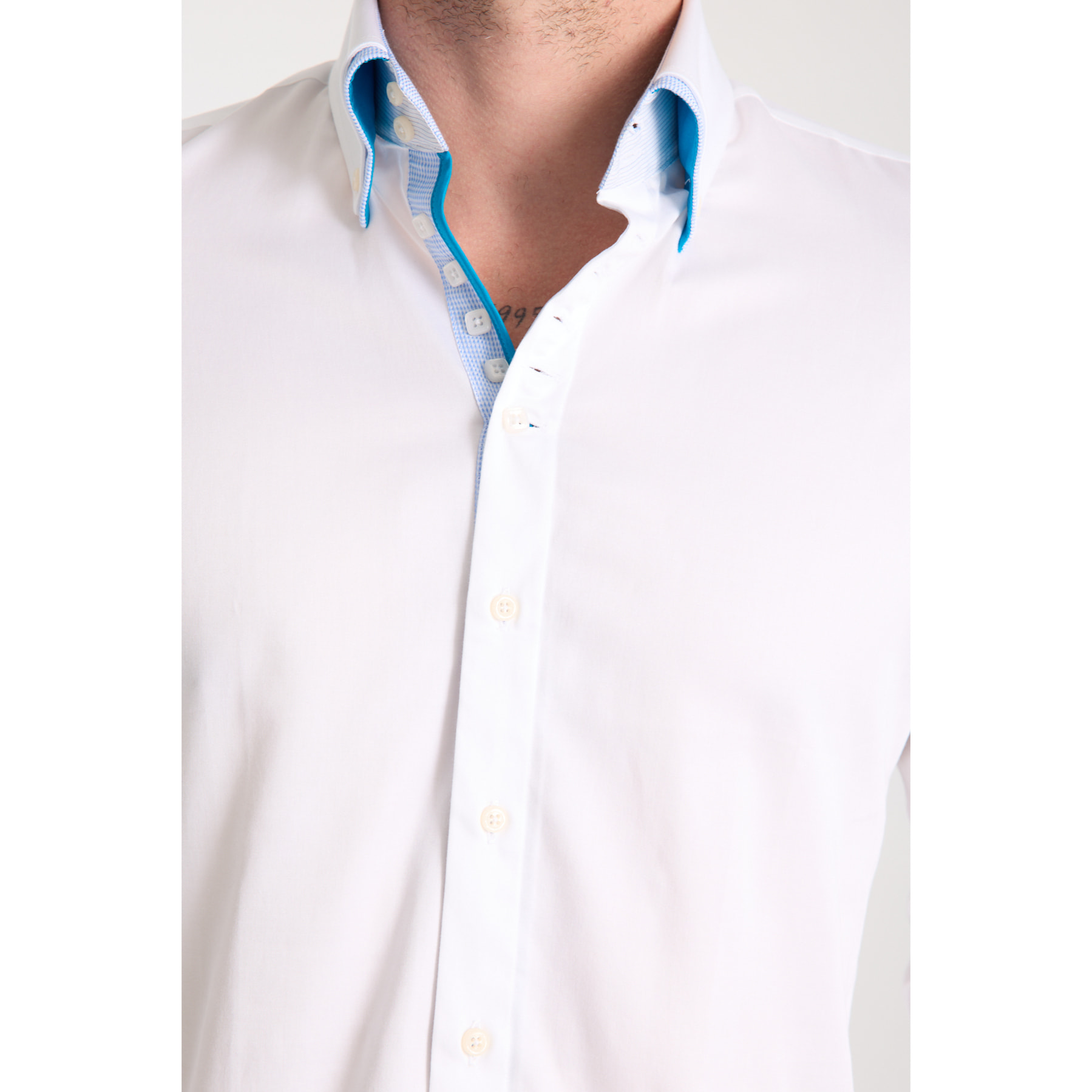 Camicia Uomo 2 Bottoni Button Down 7bottoni Doppio Coll Satin Unito Bianco