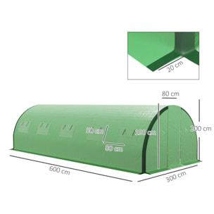 Serre de jardin tunnel 18 m² 8 fenêtres 2 portes articulées acier galvanisé PE haute densité vert