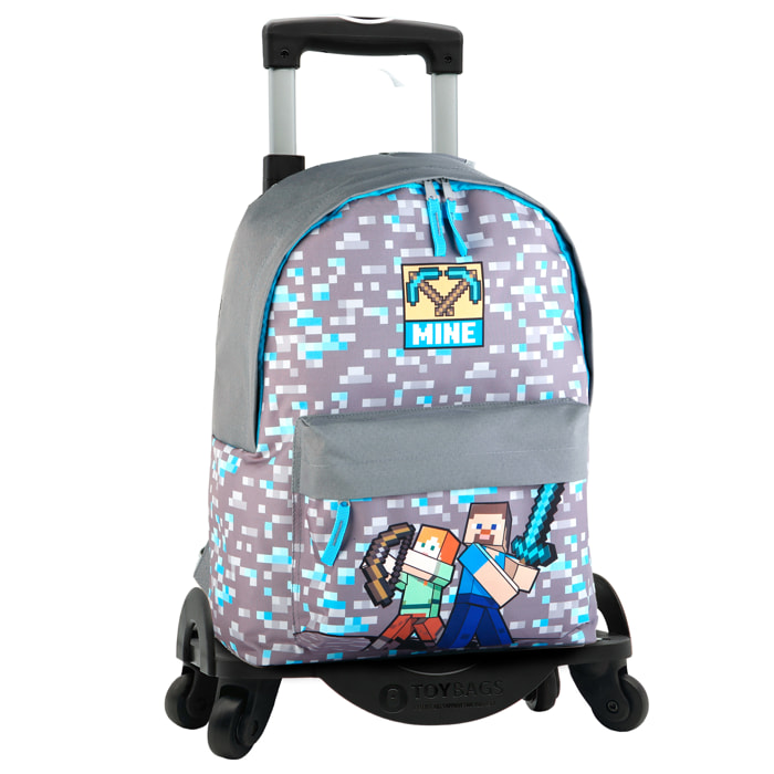 Zaino americano Minecraft Warriors con scomparto per laptop + trolley con protezione laterale e stoper frontale, 4 ruote multidirezionali.