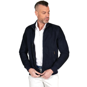 Giubbotto bomber in pelle scamosciata blu collo coreana