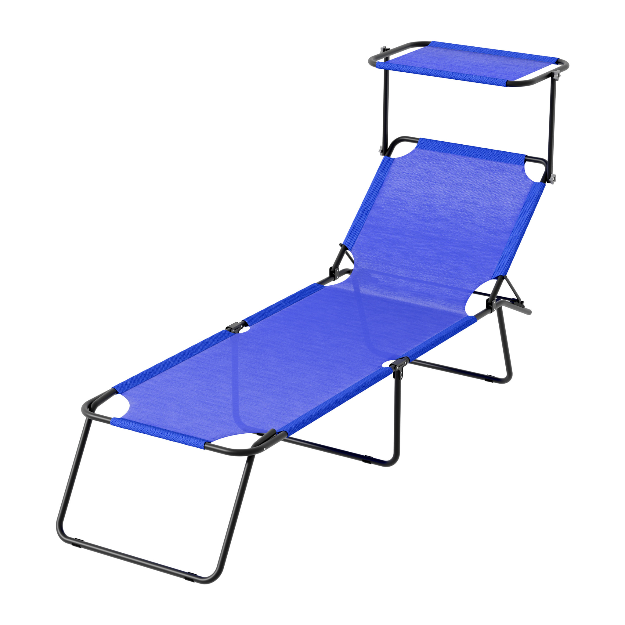 Lettino Pieghevole Con Tettuccio Regolabile Parasole Schienale Reclinabile Struttura In Metallo Nero Sdraio Spiaggia Mare Giardino Piscina Blu