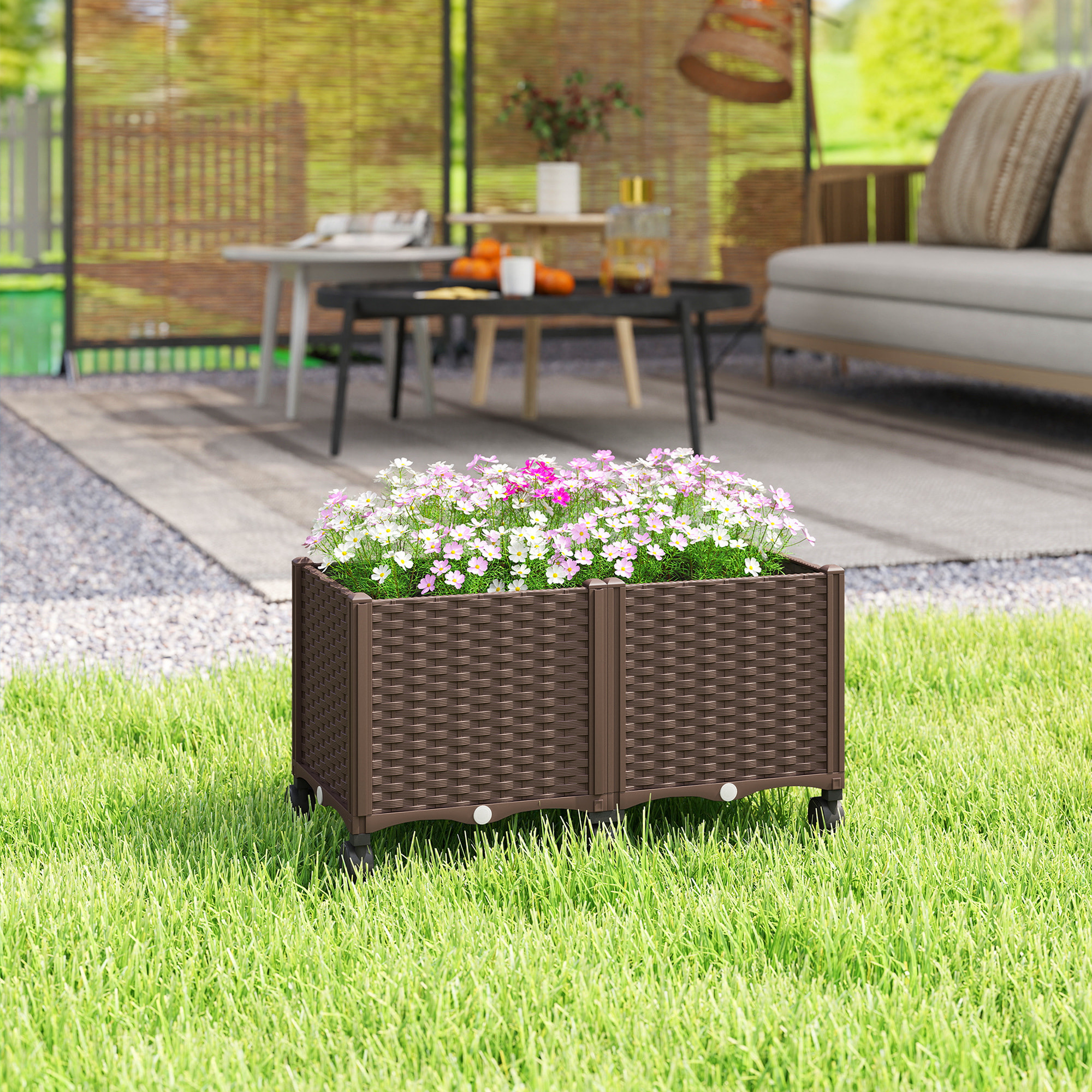 Jardinera Elevada con 6 Ruedas, Jardinera Exterior Móvil de Plástico con Riego Automático y Drenaje, Macetero Exterior para Cultivos, Plantas, Jardín, Terraza, 80x40x43 cm, Marrón