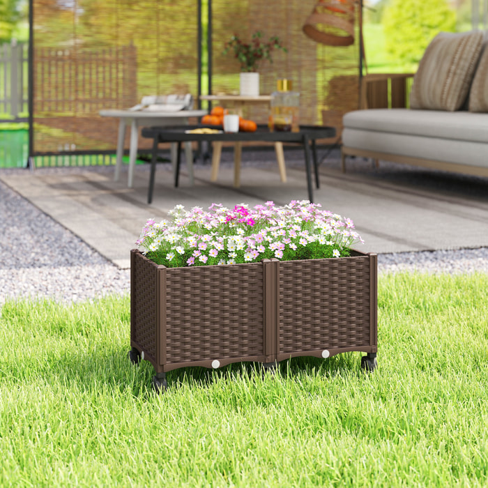 Jardinera Elevada con 6 Ruedas, Jardinera Exterior Móvil de Plástico con Riego Automático y Drenaje, Macetero Exterior para Cultivos, Plantas, Jardín, Terraza, 80x40x43 cm, Marrón