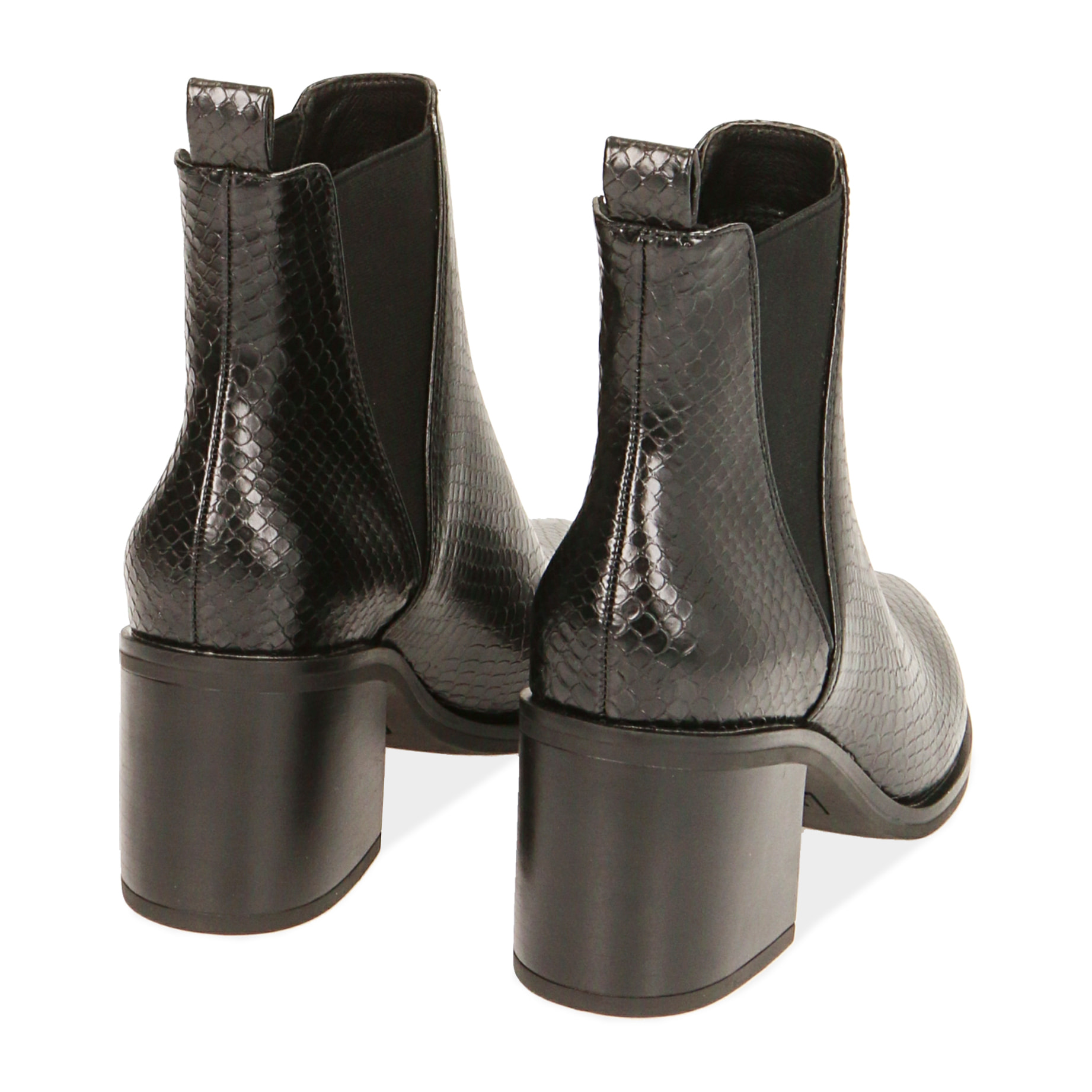 Botines de tacón negras con estampado de serpiente, tacón 7,5 cm