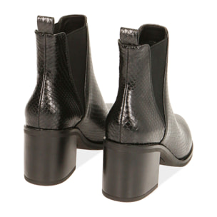 Botines de tacón negras con estampado de serpiente, tacón 7,5 cm