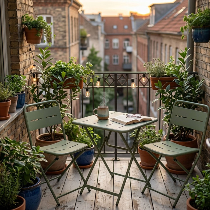 Set bistro 3pzs acero verde mate (mesa 60x60cm + 2 sillas plegables) estructura con recubrimiento en polvo-conjunto jardín, terraza y balcón