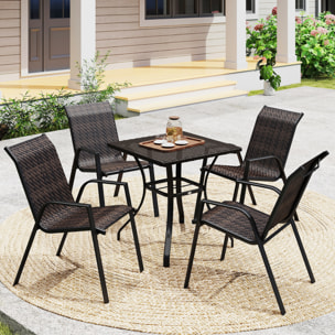 Lot de 4 chaises de jardin empilables - accoudoirs - design - acier époxy noir résine tressée marron