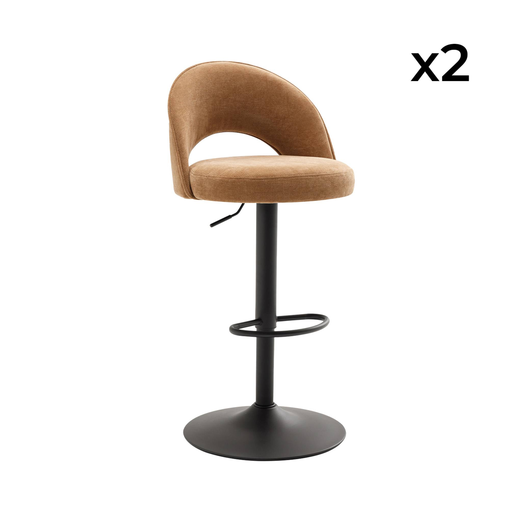 Lot de deux tabourets de bar ajustables métal et tissu camel. pied noir - L 49 x P 49 x H 88.5-110cm - Abby