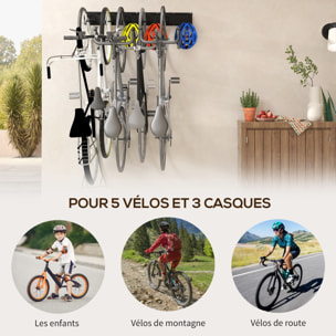 Support mural pour vélos, porte-vélos mural rangement pour 5 vélos et 3 casques, crochets de rangement réglables, porte-vélos, 121,5 x 10 cm noir