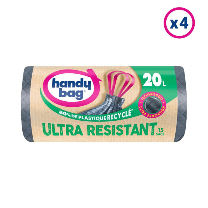 4x15 Sacs Poubelle 20L à poignées coulissantes Ultra Résistant Handy-Bag - 80% de plastique recyclé