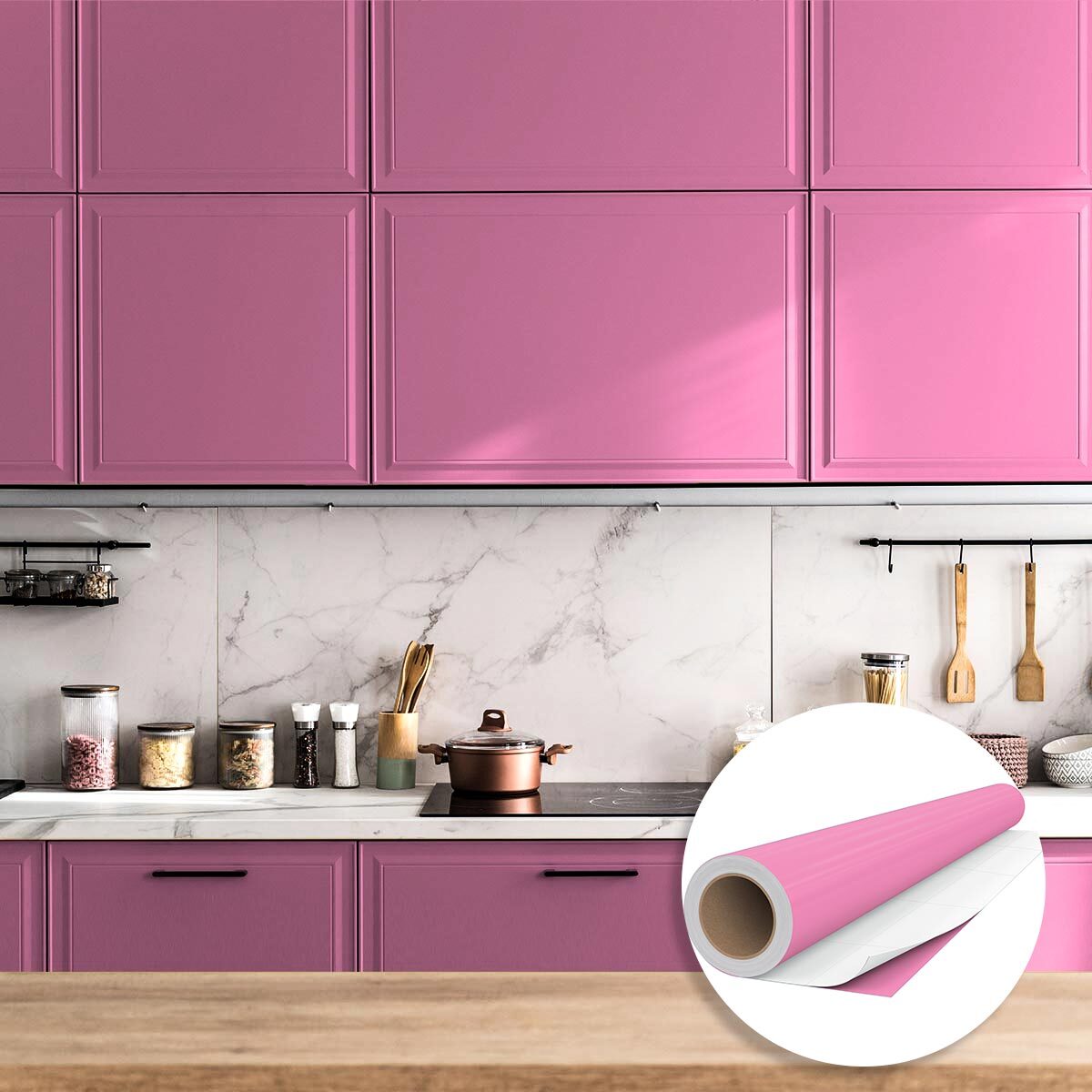Rouleau adhésif décoratif Vinyle au Mètre - Rose - Sticker Lavable Imperméable Mur Cuisine Meubles